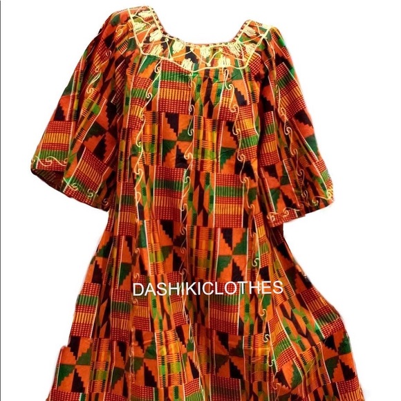 African Kente Dress With Scarf 100% Cotton Free Size Plus Size Umbrella Dress - Picture 3 of 3
